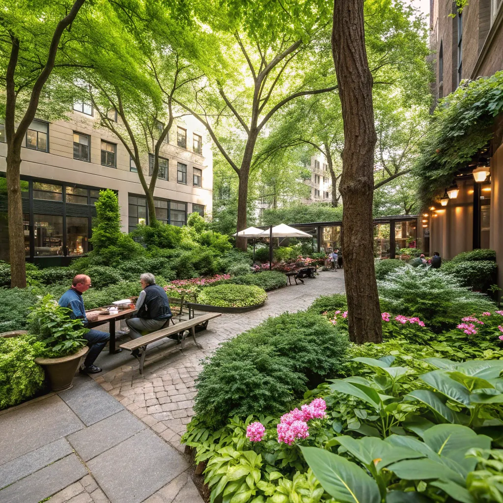 Lush greenery in Sarah's café courtyard, creating a serene escape for customers.